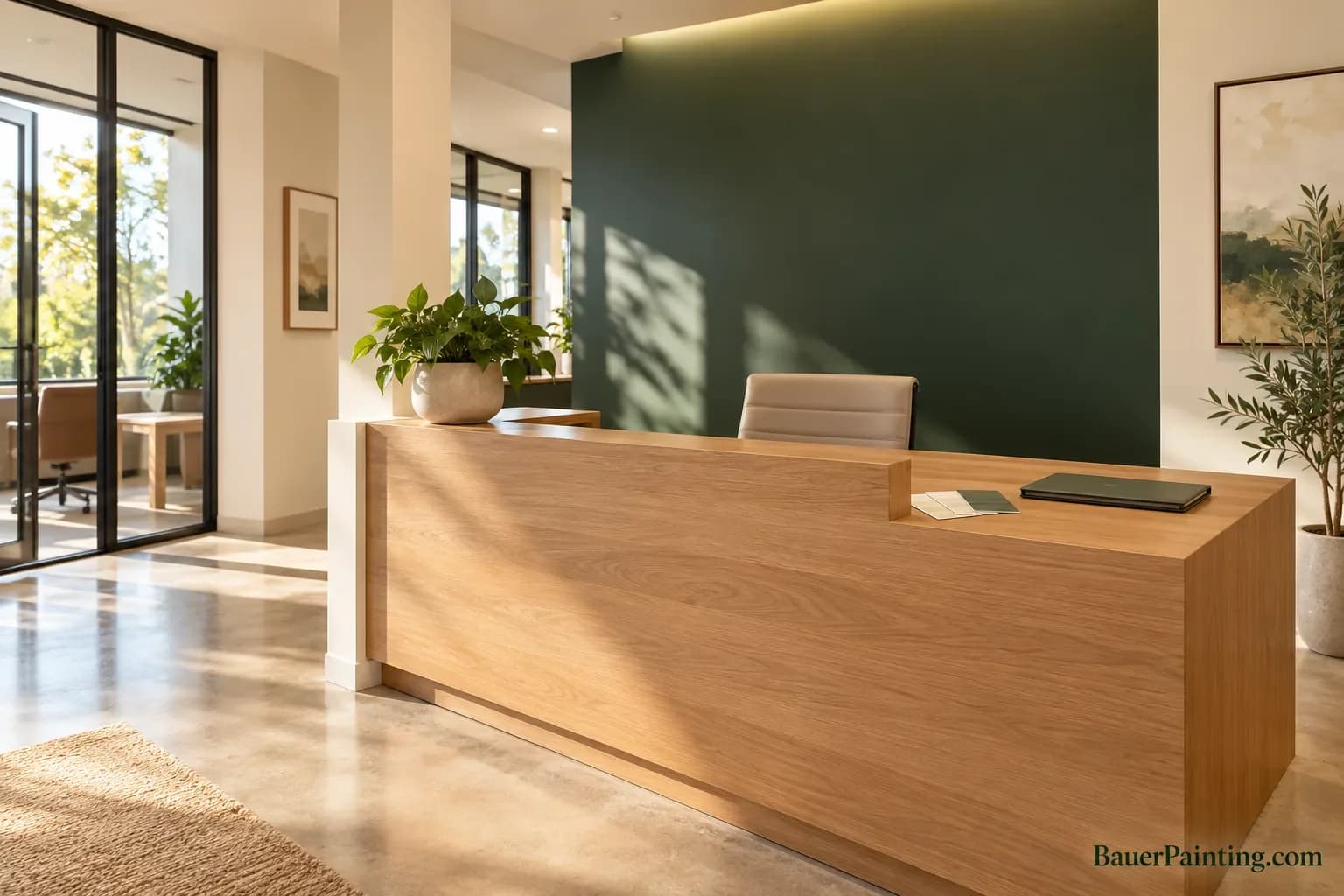 Finished office reception with a clear floor and maintenance information ready for handover