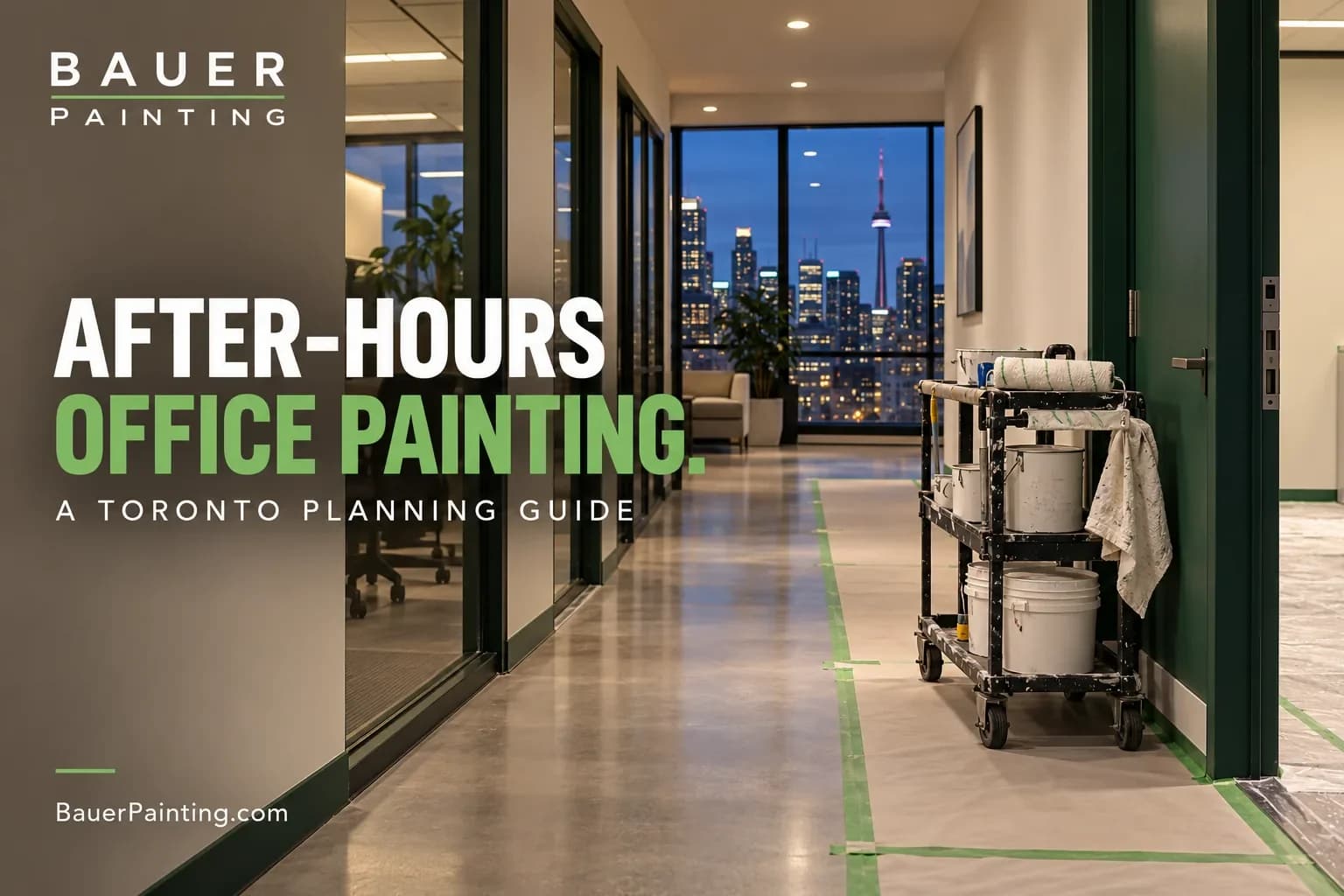 Branded guide cover showing an office painting work zone after business hours