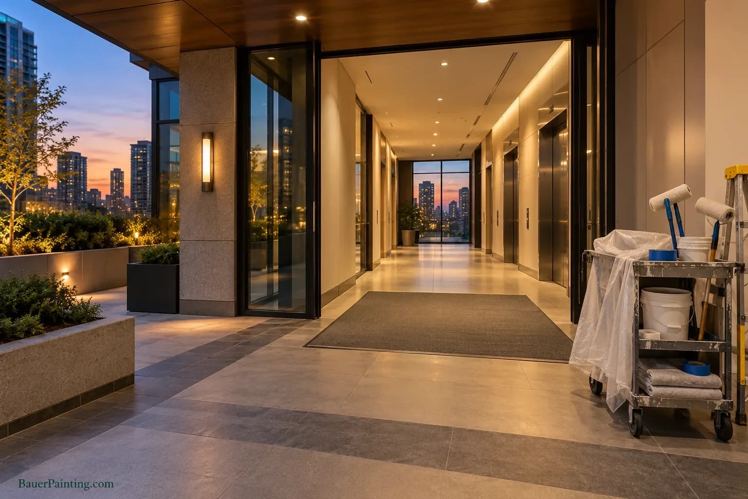 Office service entrance and clear equipment route at dusk