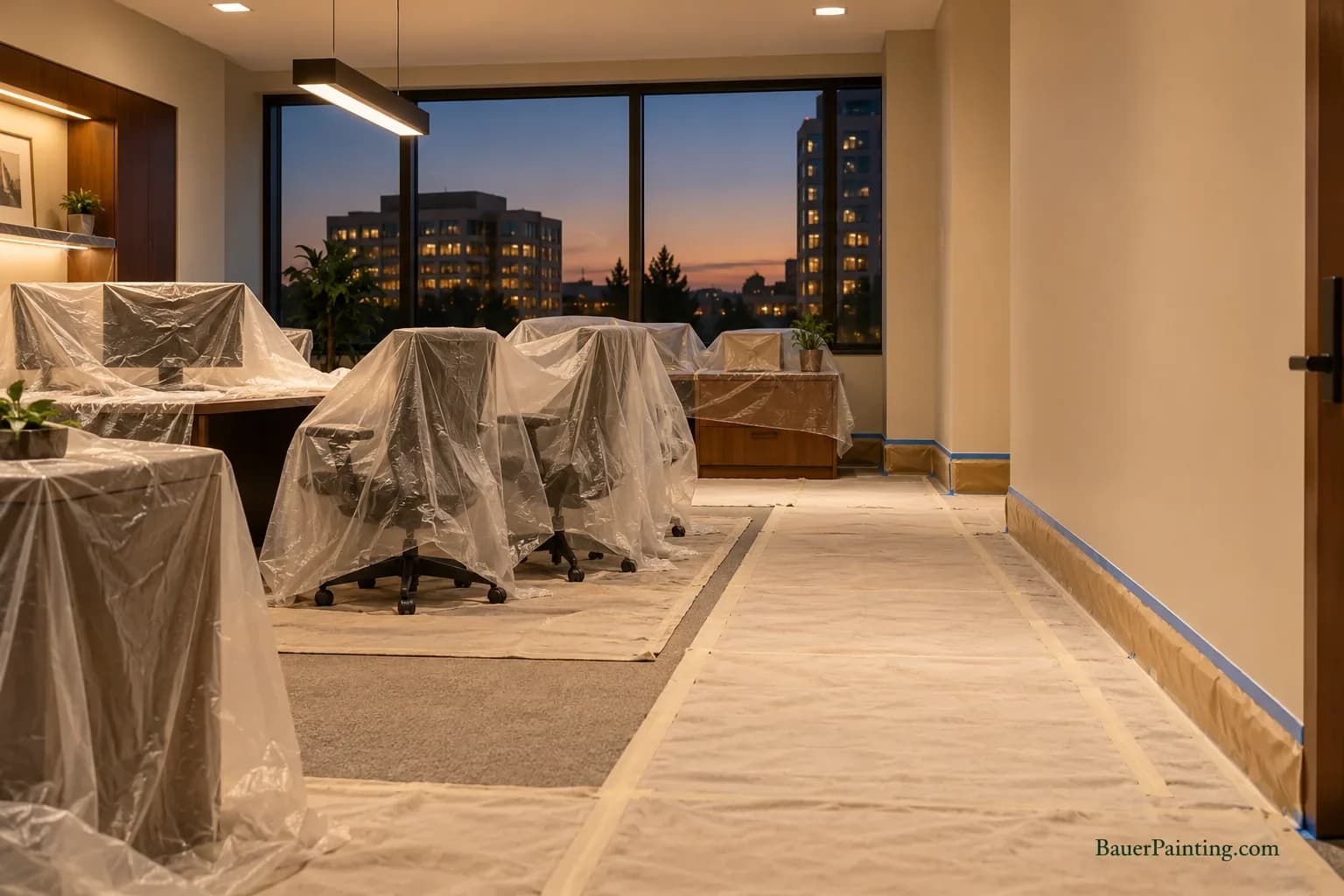 Protected desks and monitors with a clear route through an office work zone