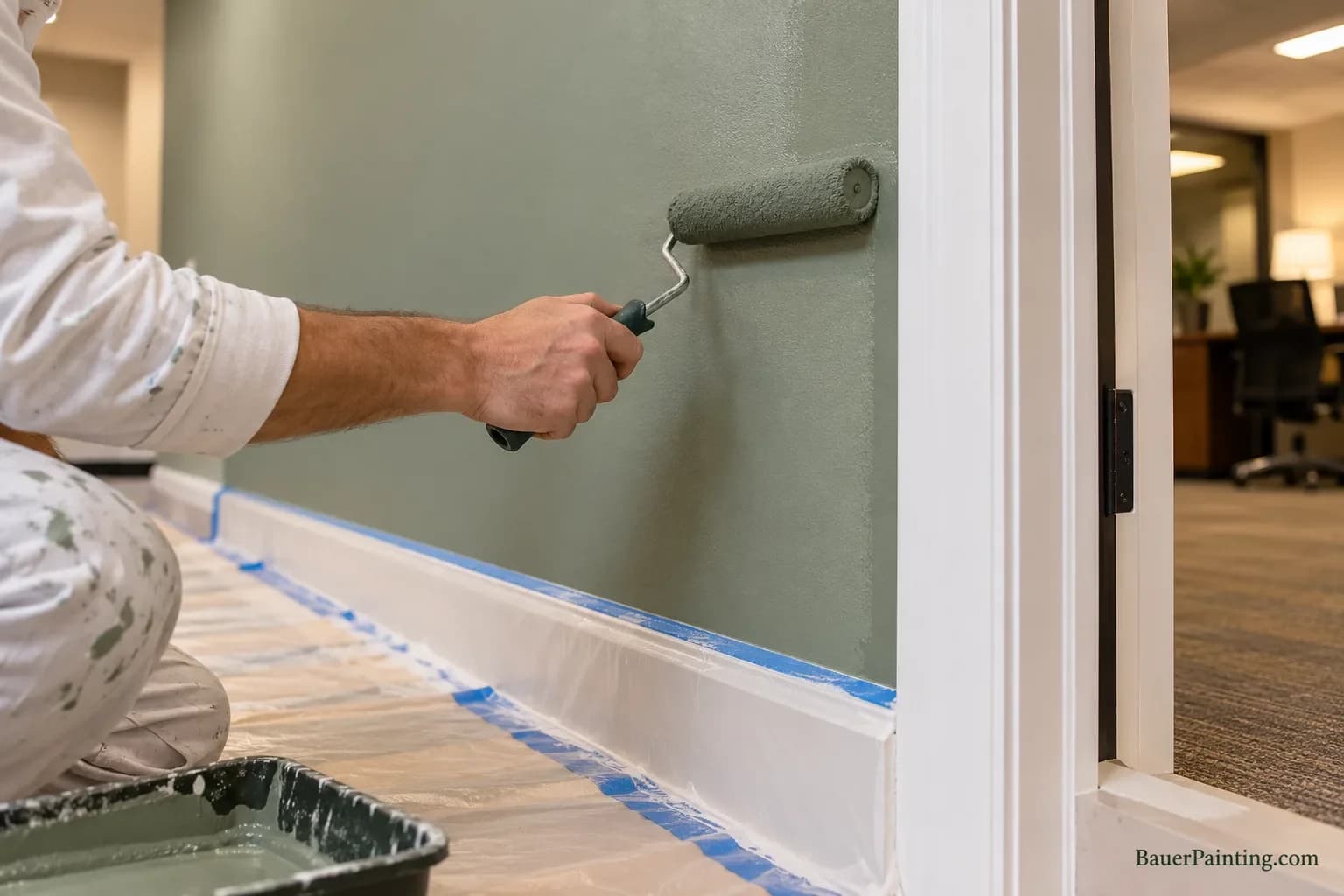 Interior wall painting with protected flooring and carefully finished trim