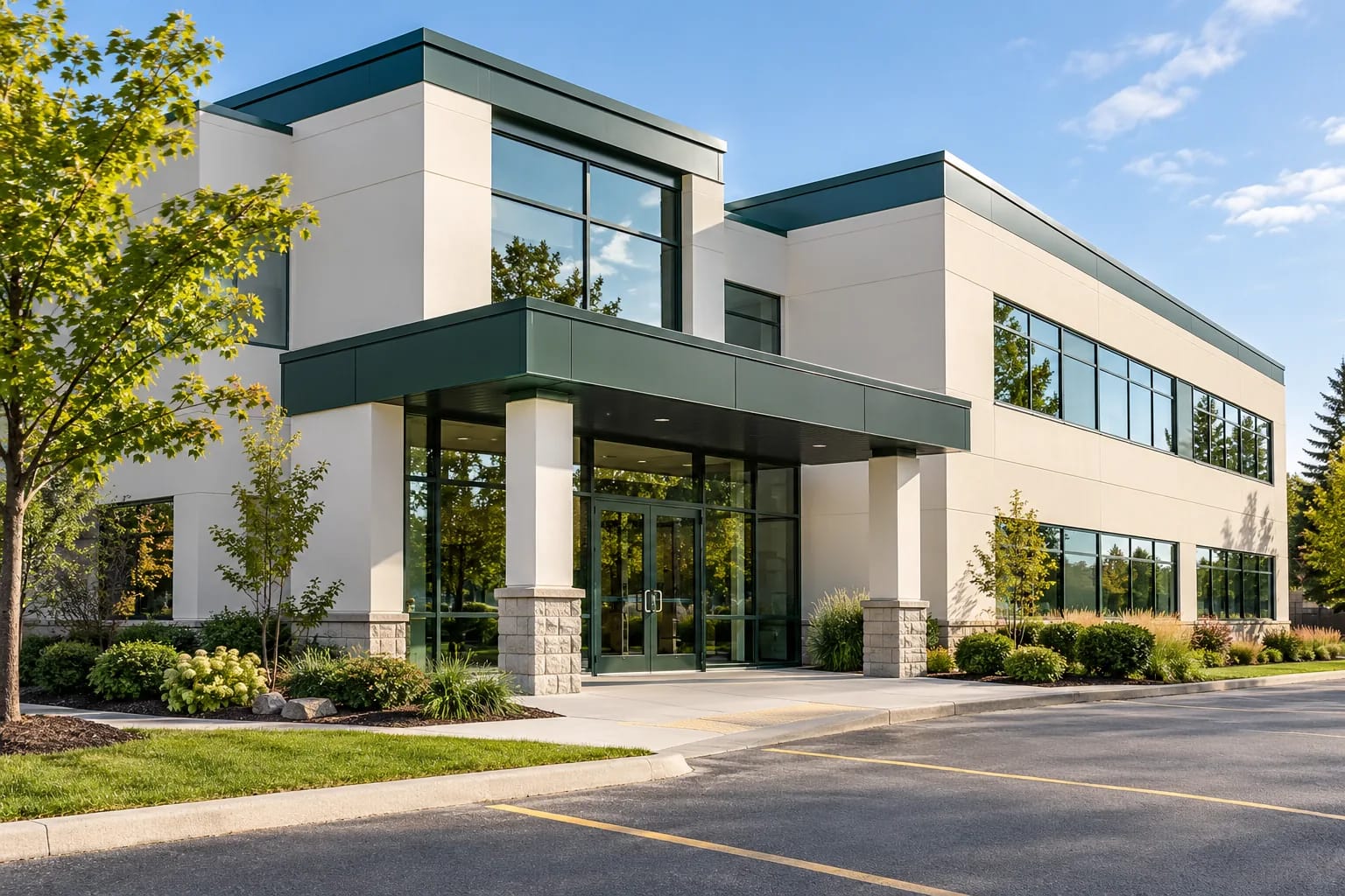 Commercial professional building with cream walls and deep green entrance trim