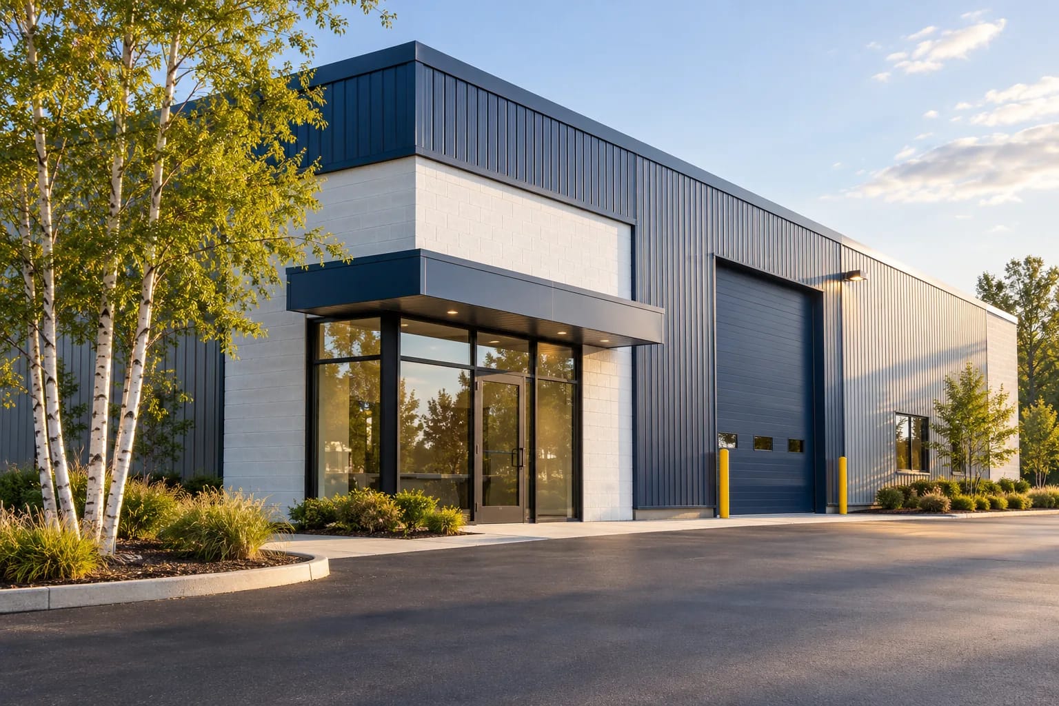 Light industrial unit with grey metal siding and a glass office entrance