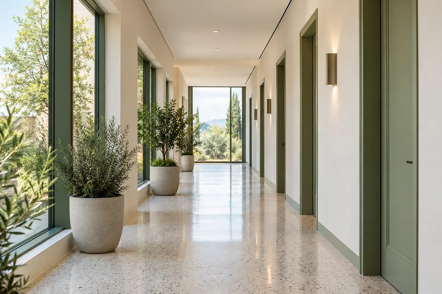 Commercial corridor with warm white walls and green door frames