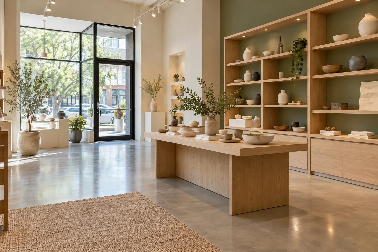 Retail showroom with warm white walls and a sage feature wall