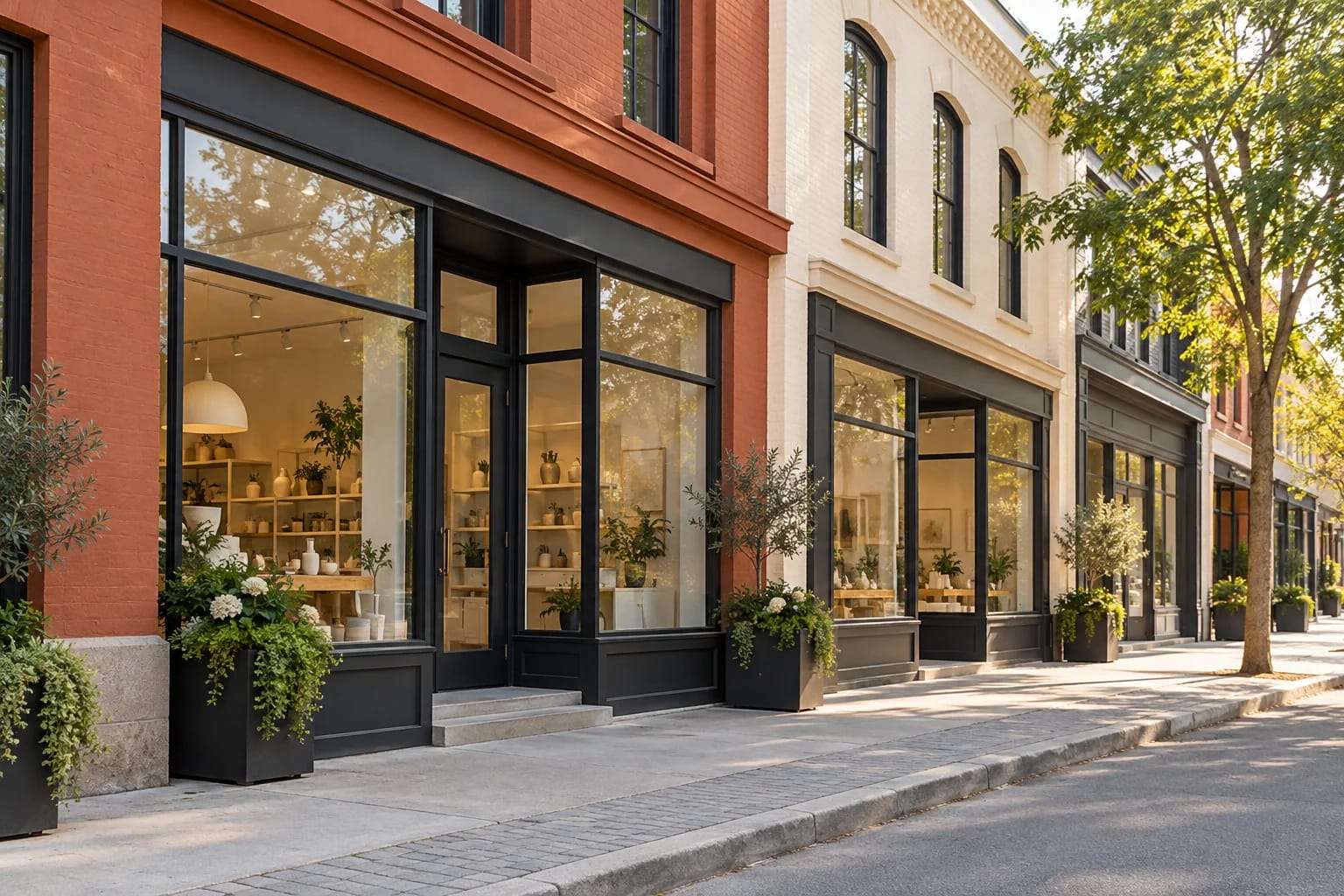 Commercial storefronts with painted masonry and charcoal frames