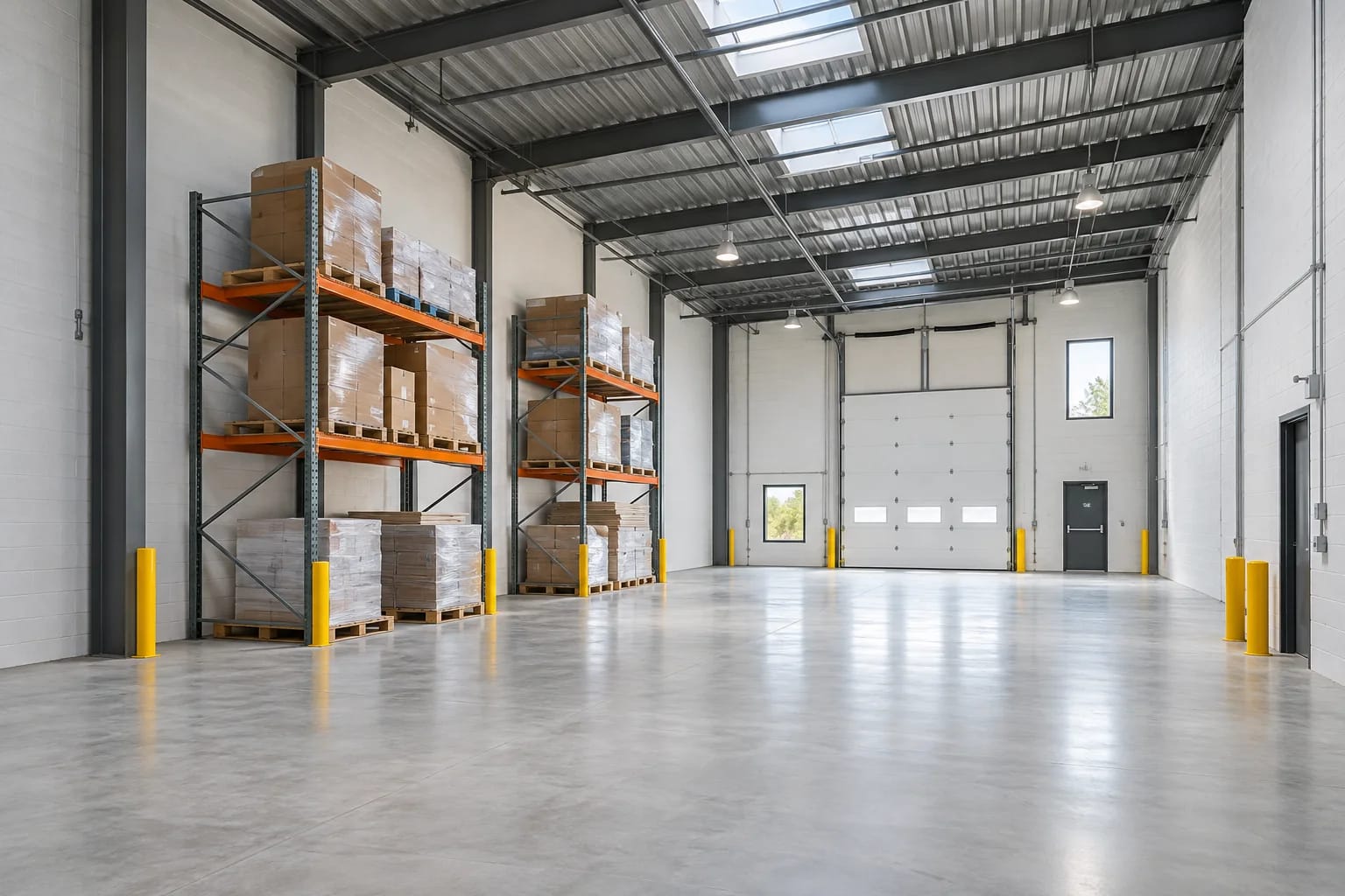 Warehouse interior with painted block walls and protected loading areas