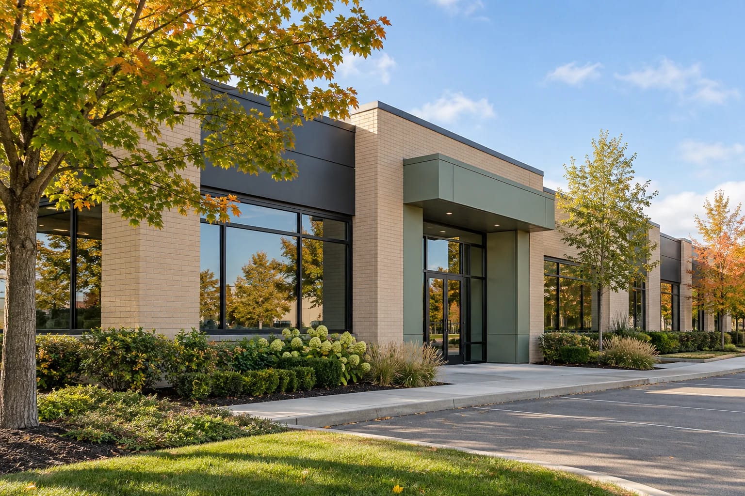 Contemporary commercial building with pale brick and painted green entrance accents