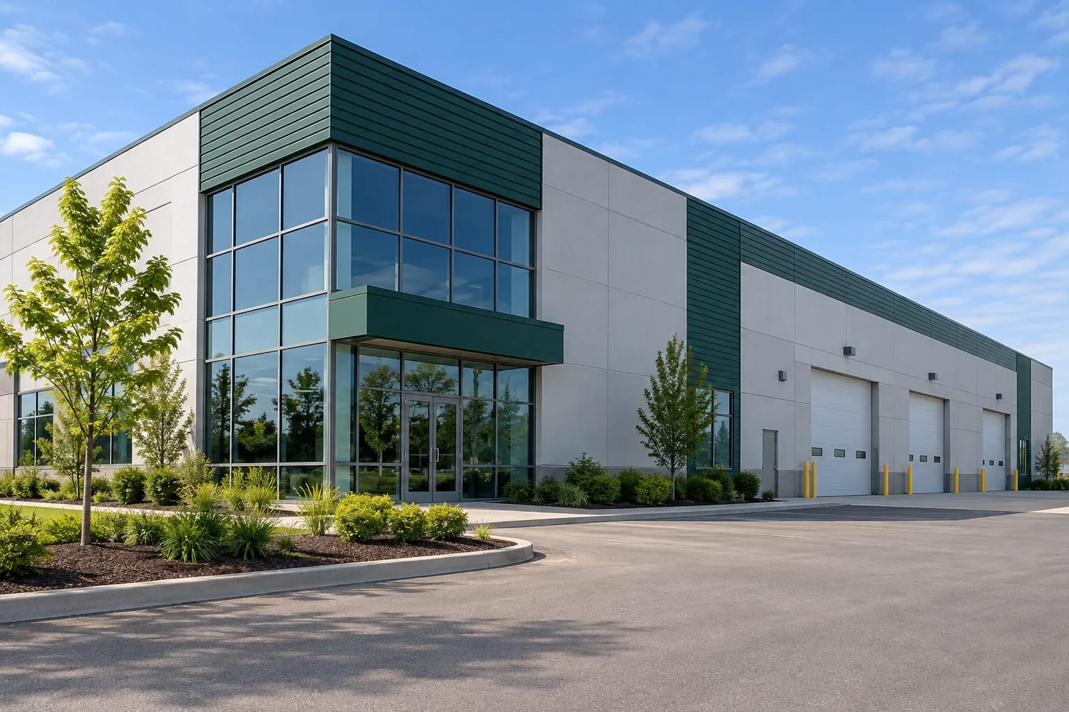 Light industrial building with grey walls and green metal cladding