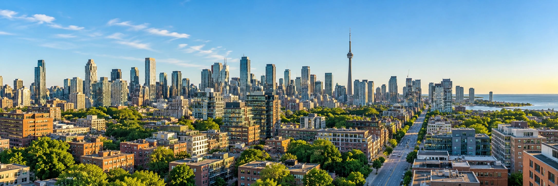 Toronto-inspired skyline with commercial buildings and green neighbourhoods