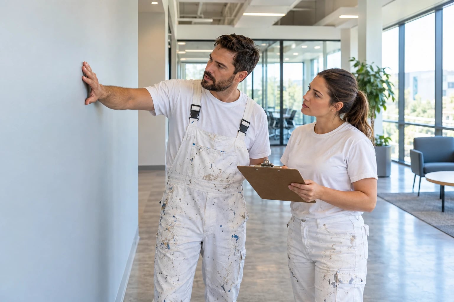 AI-generated painting professionals assessing a commercial wall finish
