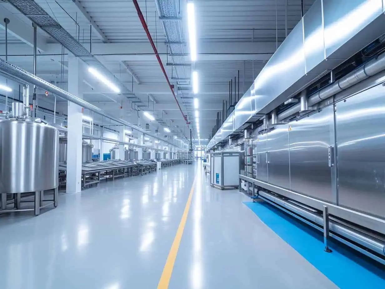 Industrial interior with coated structural surfaces and equipment