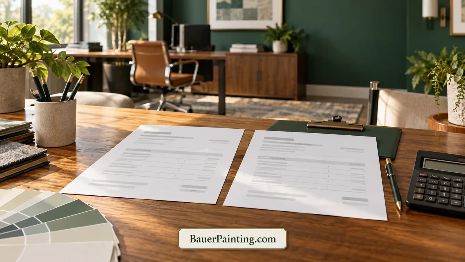Desk arranged for reviewing office painting quotations and colour samples