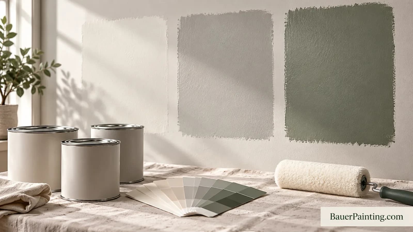 Paint samples and unbranded coating containers arranged in an office