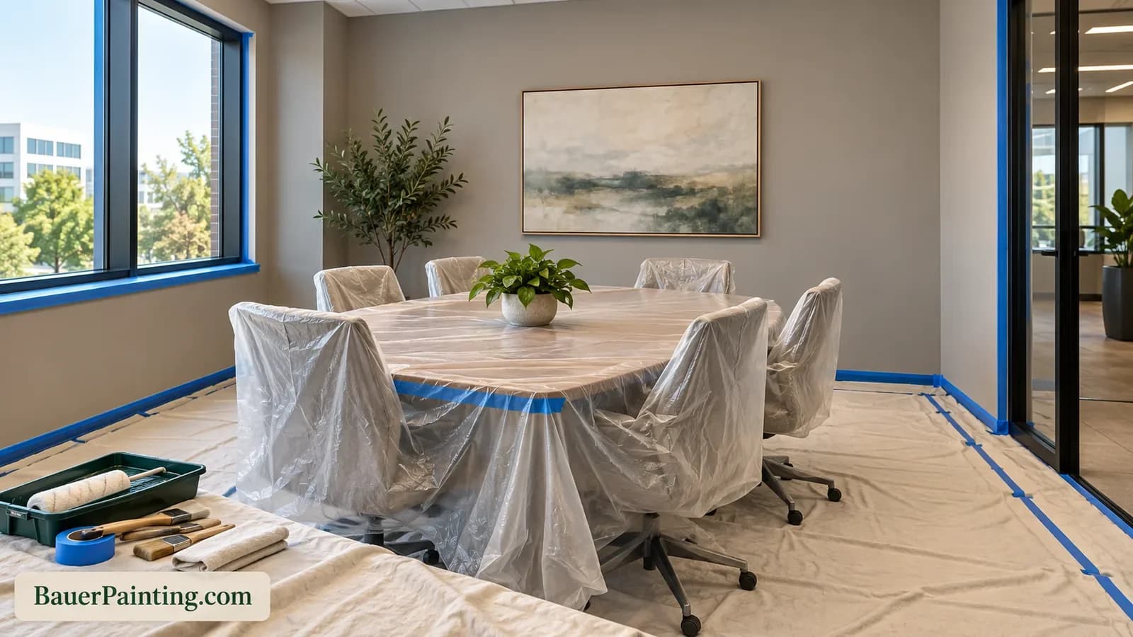 Office meeting room prepared with protected furniture and masked edges