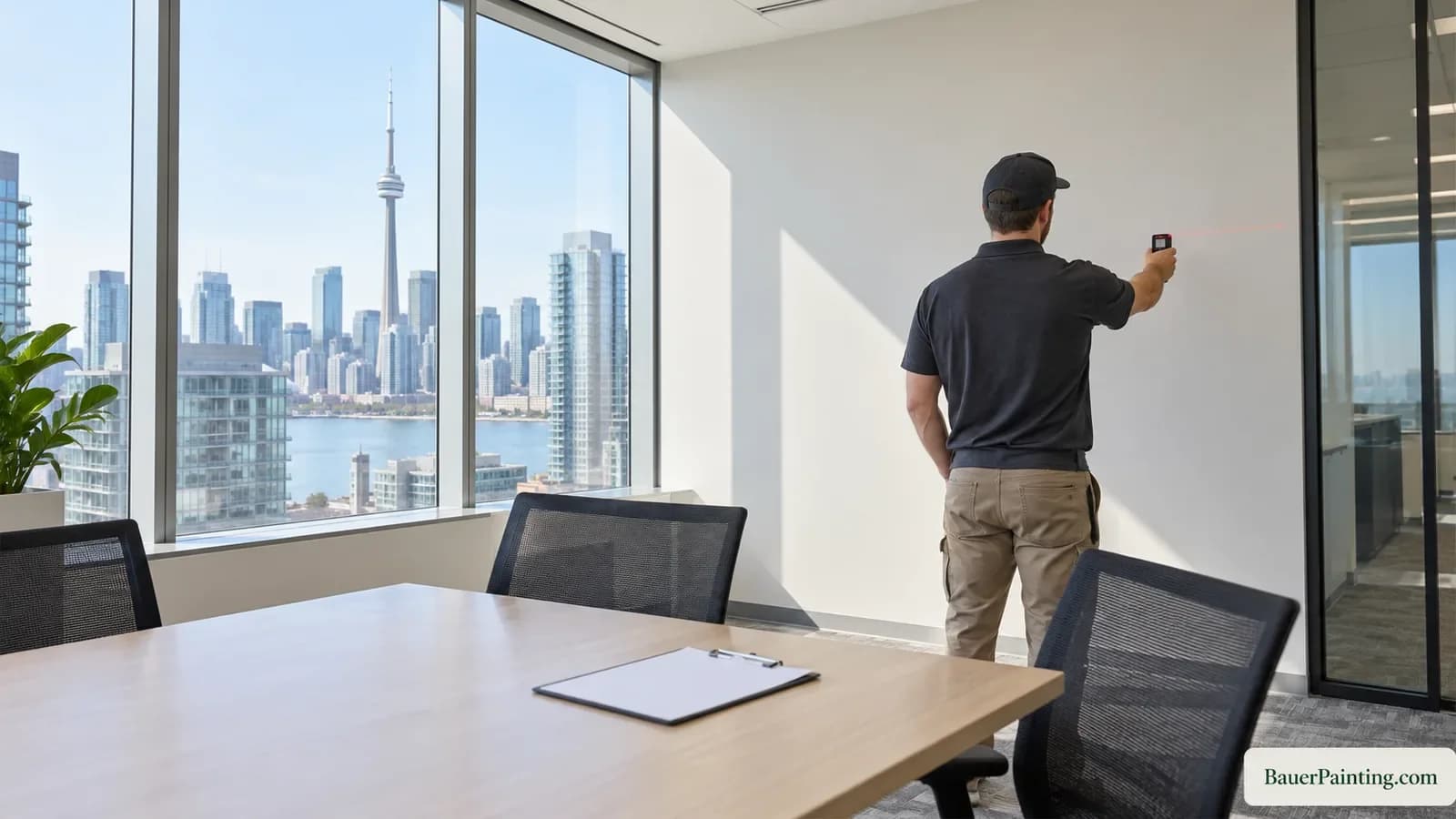 Estimator checking wall dimensions in an unfurnished commercial office