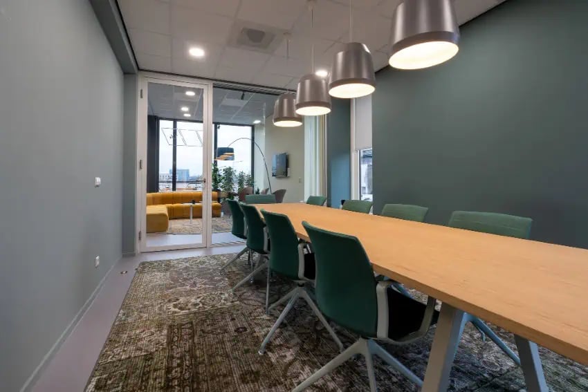 Commercial office interior with painted walls and finished workspaces