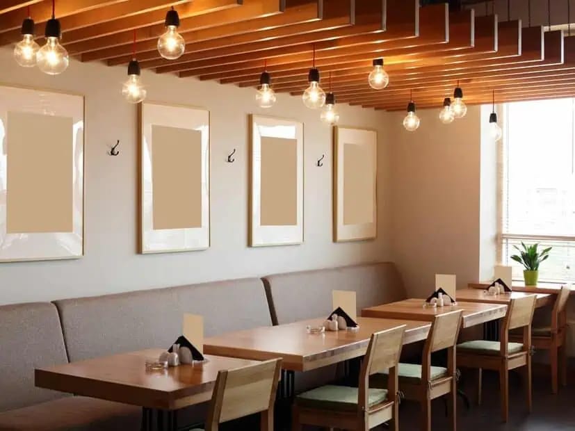 Restaurant interior with finished walls and seating areas
